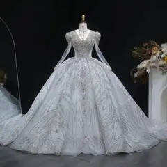 Diamond Embroidered Long Sleeve — SW603 Ivory wedding dress, full-length front view