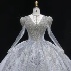 Diamond Embroidered Long Sleeve — SW603 Ivory wedding dress, full-length back view