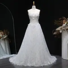 Embroidered 3D Floral Strapless Ball Gown — SW639 Ivory wedding dress, full-length front view