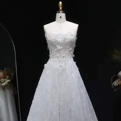 Embroidered 3D Floral Strapless Ball Gown — SW639 Ivory wedding dress, full-length back view