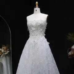 Embroidered 3D Floral Strapless Ball Gown — SW639 Ivory wedding dress, full-length side view