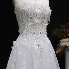 Embroidered 3D Floral Strapless Ball Gown — SW639 Ivory wedding dress, view 5