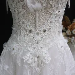 Embroidered 3D Floral Strapless Ball Gown — SW639 Ivory wedding dress, view 6