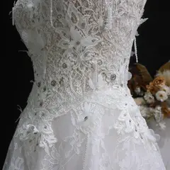 Embroidered 3D Floral Strapless Ball Gown — SW639 Ivory wedding dress, view 7