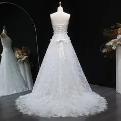 Embroidered 3D Floral Strapless Ball Gown — SW639 Ivory wedding dress, view 8