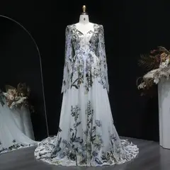 Embroidery Long Sleeve Boho Train — SW641 Ivory wedding dress, full-length front view
