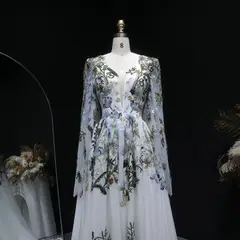 Embroidery Long Sleeve Boho Train — SW641 Ivory wedding dress, full-length back view