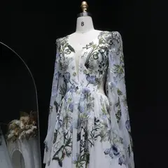 Embroidery Long Sleeve Boho Train — SW641 Ivory wedding dress, full-length side view