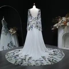 Embroidery Long Sleeve Boho Train — SW641 Ivory wedding dress, view 7
