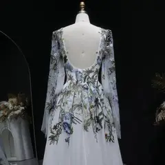 Embroidery Long Sleeve Boho Train — SW641 Ivory wedding dress, close-up detail