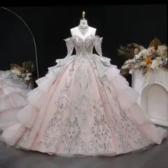 Embroidery Puff Sleeve Ball Gown — SW608 Blush Pink wedding dress, full-length front view