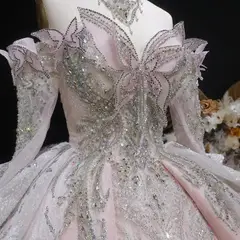 Embroidery Puff Sleeve Ball Gown — SW608 Blush Pink wedding dress, view 4