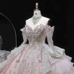 Embroidery Puff Sleeve Ball Gown — SW608 Blush Pink wedding dress, view 5
