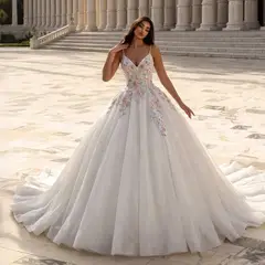 Floral Applique A-Line Tulle with Train — SW704 Ivory wedding dress, full-length front view