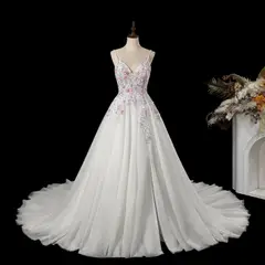 Floral Applique A-Line Tulle with Train — SW704 Ivory wedding dress, full-length back view