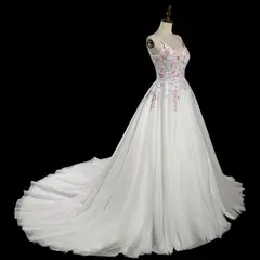 Floral Applique A-Line Tulle with Train — SW704 Ivory wedding dress, full-length side view