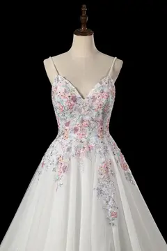 Floral Applique A-Line Tulle with Train — SW704 Ivory wedding dress, view 4