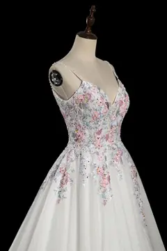 Floral Applique A-Line Tulle with Train — SW704 Ivory wedding dress, view 5