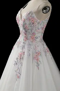 Floral Applique A-Line Tulle with Train — SW704 Ivory wedding dress, view 6