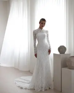 Floral Long Sleeve Mermaid — SW543 Ivory wedding dress, full-length back view