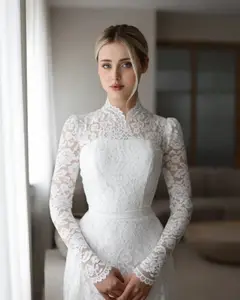 Floral Long Sleeve Mermaid — SW543 Ivory wedding dress, full-length side view