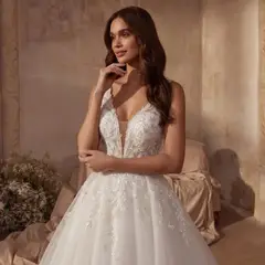 Glitter Tulle with Lace Bodice and Corset Back — SW710 Ivory wedding dress, full-length back view