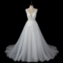 Glitter Tulle with Lace Bodice and Corset Back — SW710 Ivory wedding dress, full-length side view