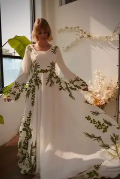 & Green Botanical Print Cape Boho Train — SW642 Ivory wedding dress, full-length back view
