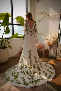 & Green Botanical Print Cape Boho Train — SW642 Ivory wedding dress, view 4
