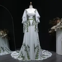 & Green Botanical Print Cape Boho Train — SW642 Ivory wedding dress, view 5
