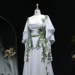 & Green Botanical Print Cape Boho Train — SW642 Ivory wedding dress, view 7