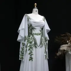 & Green Botanical Print Cape Boho Train — SW642 Ivory wedding dress, view 8