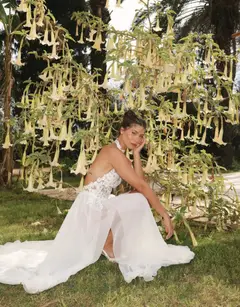 Halter Neck 3D Floral Lace Sheer Slit — SW739 Ivory wedding dress, full-length back view