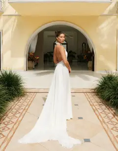 Halter Neck 3D Floral Lace Sheer Slit — SW739 Ivory wedding dress, full-length side view
