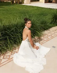 Halter Neck 3D Floral Lace Sheer Slit — SW739 Ivory wedding dress, view 5