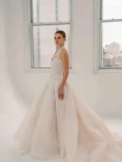 Halter Neck Lace Deep V Ball Gown — SW596 Ivory wedding dress, full-length side view