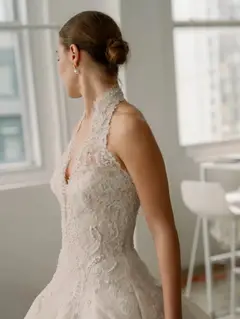 Halter Neck Lace Deep V Ball Gown — SW596 Ivory wedding dress, view 4