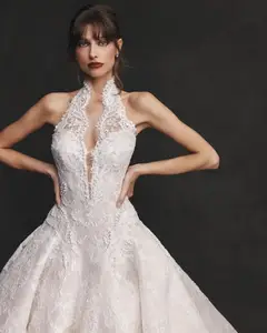 Halter Neck Lace Deep V Ball Gown — SW596 Ivory wedding dress, close-up detail