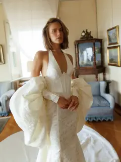 Halter Neck Puff Sleeve Mermaid with Train — SW188 Ivory wedding dress, full-length back view