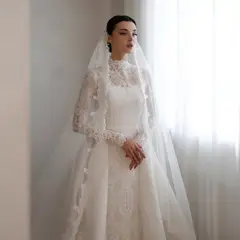 High Neck Lace with Overskirt — SW541 Ivory wedding dress, full-length back view