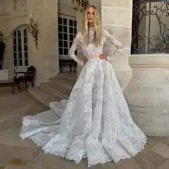 High Neck Long Sleeve Lace A-Line — SW227 Ivory wedding dress, full-length front view