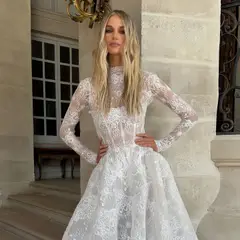 High Neck Long Sleeve Lace A-Line — SW227 Ivory wedding dress, full-length back view