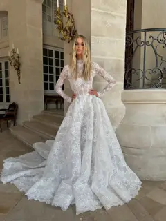High Neck Long Sleeve Lace A-Line — SW227 Ivory wedding dress, view 3