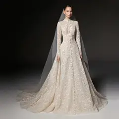 High Neck Long Sleeve Lace A-Line with Buttons — SW669 Champagne wedding dress, full-length front view