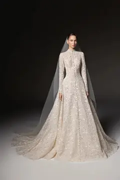 High Neck Long Sleeve Lace A-Line with Buttons — SW669 Champagne wedding dress, full-length side view