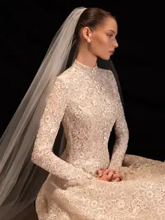 High Neck Long Sleeve Lace A-Line with Buttons — SW669 Champagne wedding dress, view 5