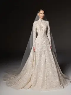 High Neck Long Sleeve Lace A-Line with Buttons — SW669 Champagne wedding dress, view 6