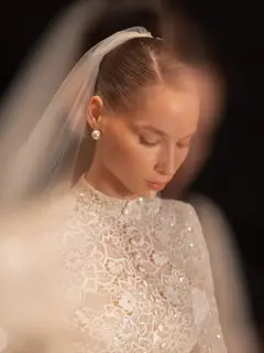 High Neck Long Sleeve Lace A-Line with Buttons — SW669 Champagne wedding dress, view 7