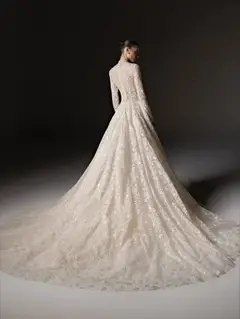 High Neck Long Sleeve Lace A-Line with Buttons — SW669 Champagne wedding dress, view 8