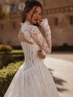 High Neck Long Sleeve Lace Backless Ball Gown — SW173 Ivory wedding dress, full-length back view